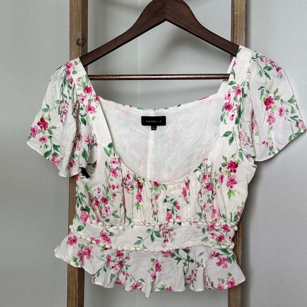 MAJORELLE Floral Blouse in White and Pink